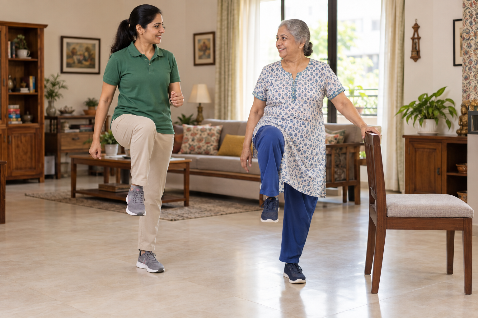 An older woman practising a standing knee raise alongside a physiotherapist at home